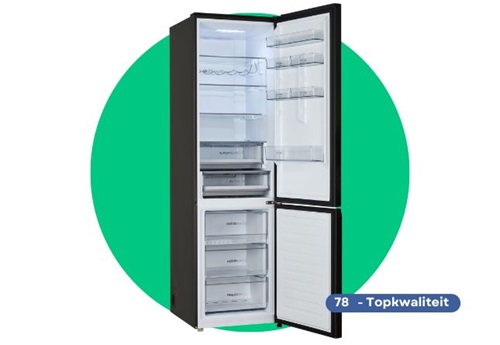 Koelkast HAIER HDPW5620ANPD tegen lichte groenblauwe achtergrond met label 'topkwaliteit score 78 op 100' van Testaankoop